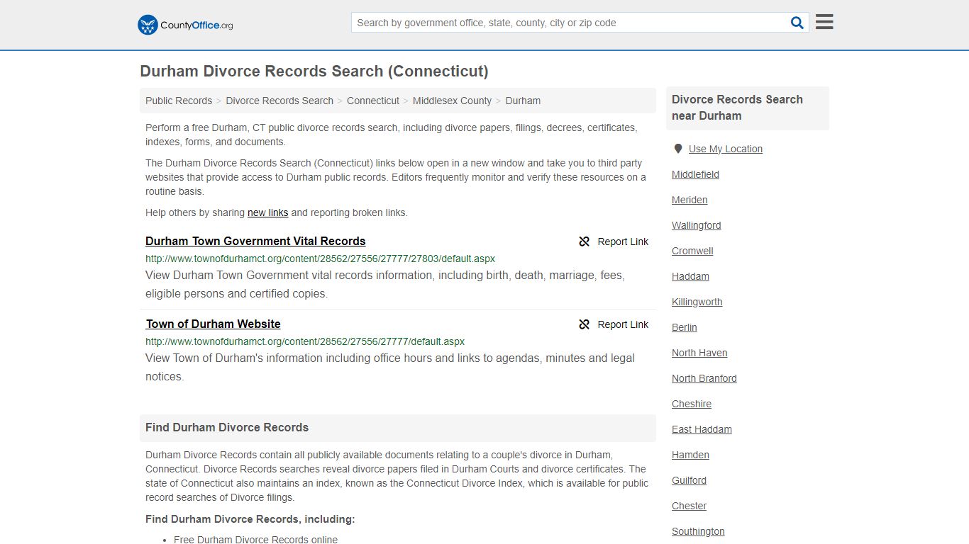 Durham Divorce Records Search (Connecticut) - County Office